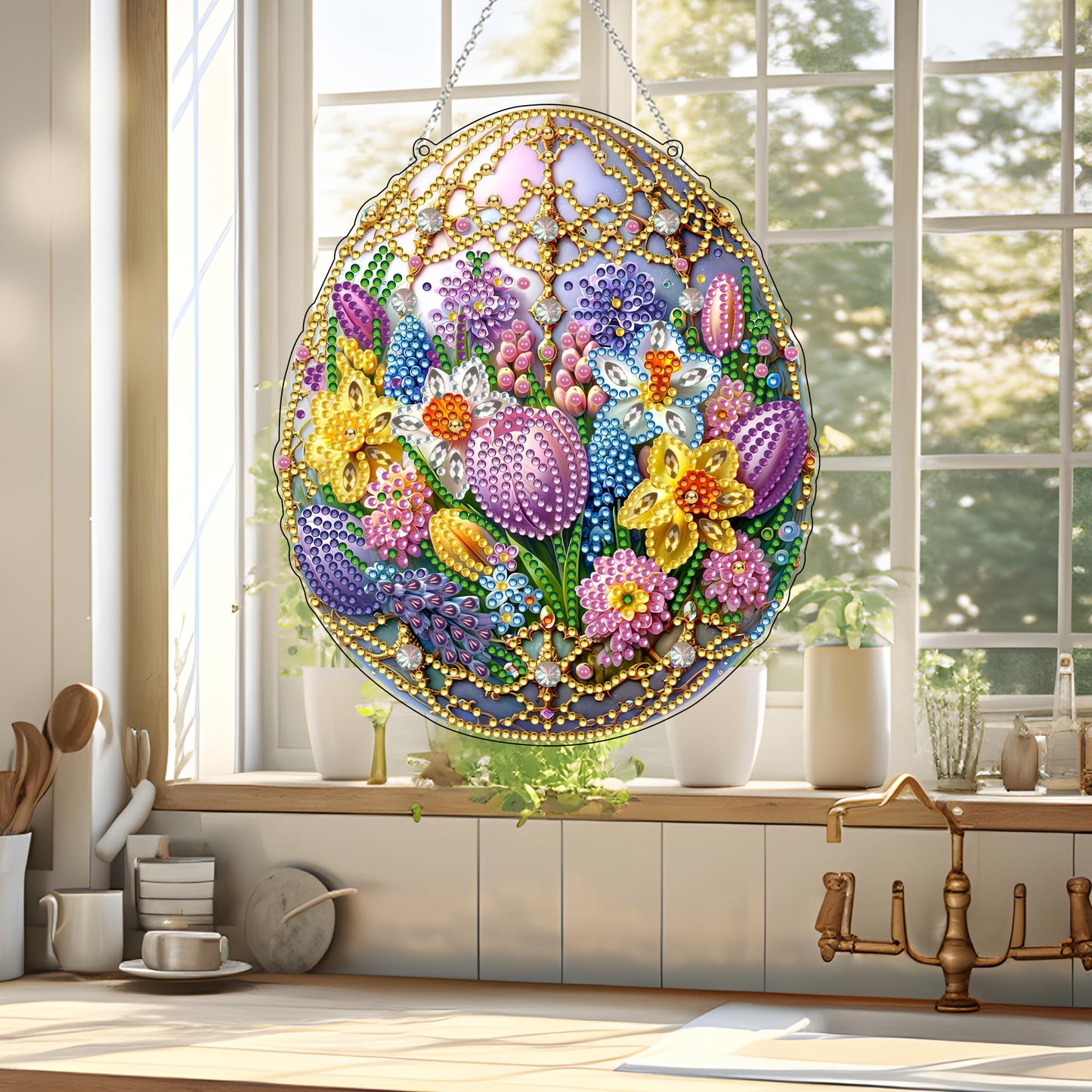 JJFox Easter Egg Flower Diamond Art Hanging Kit for Adult,Special Shaped Rhinestone,DIY Acrylic 5D Diamond Art Painting Window Pendants Home Garden Wall Hanging Kits Hanging Ornament,Double Sided