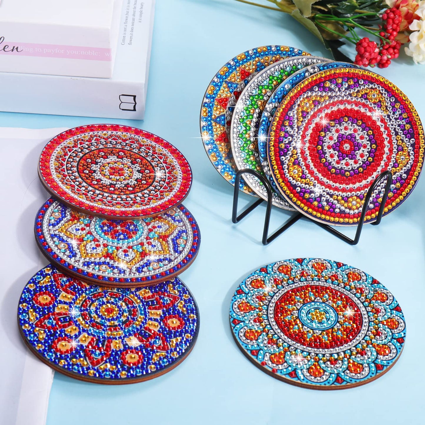 BSRESIN 8 Pcs Coasters with Holder, Mandala DIY Diamond Art Crafts for Adults, Small Diamond Painting Kits Accessories