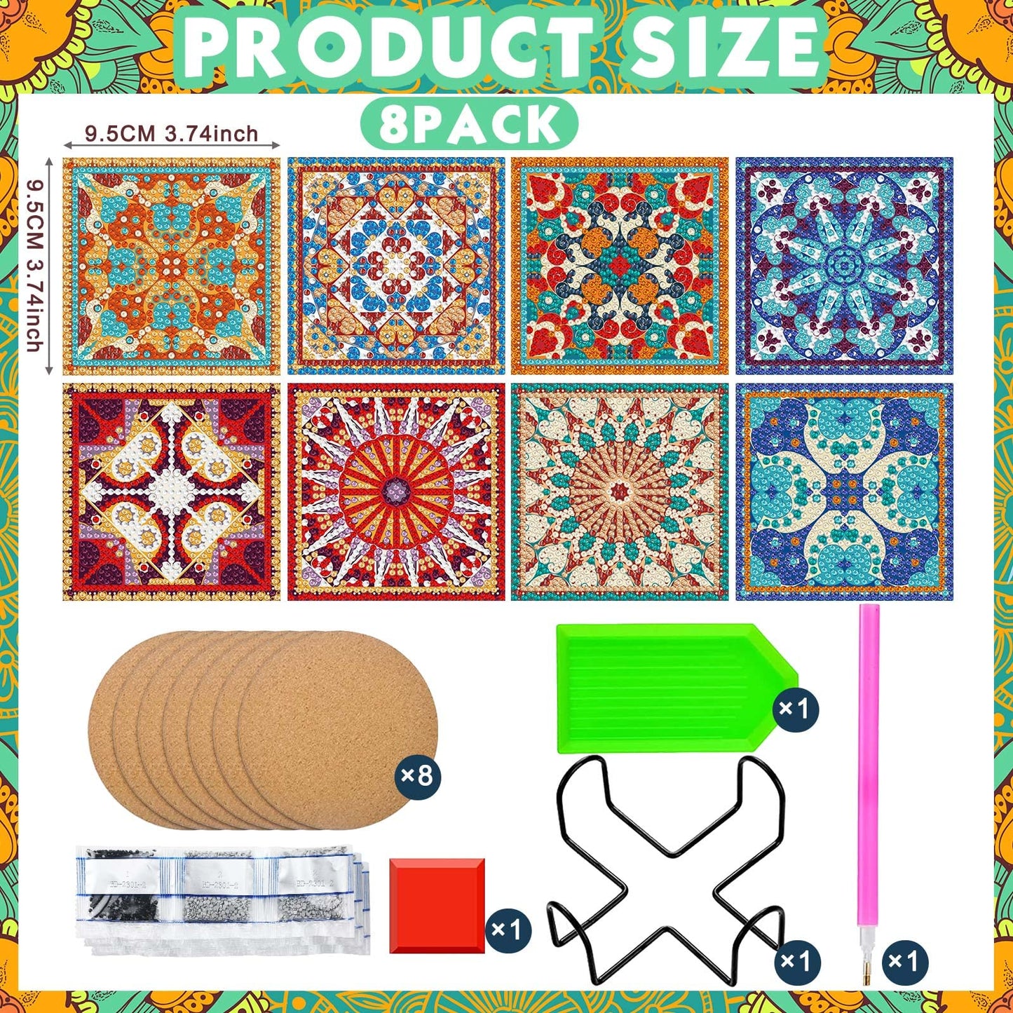Purpeak 8 Pcs Diamond Coasters Diamond Painting Coasters DIY Mandala Kits with Holder Square Boho Paisley Art 5d Kits for Beginners Adults Craft