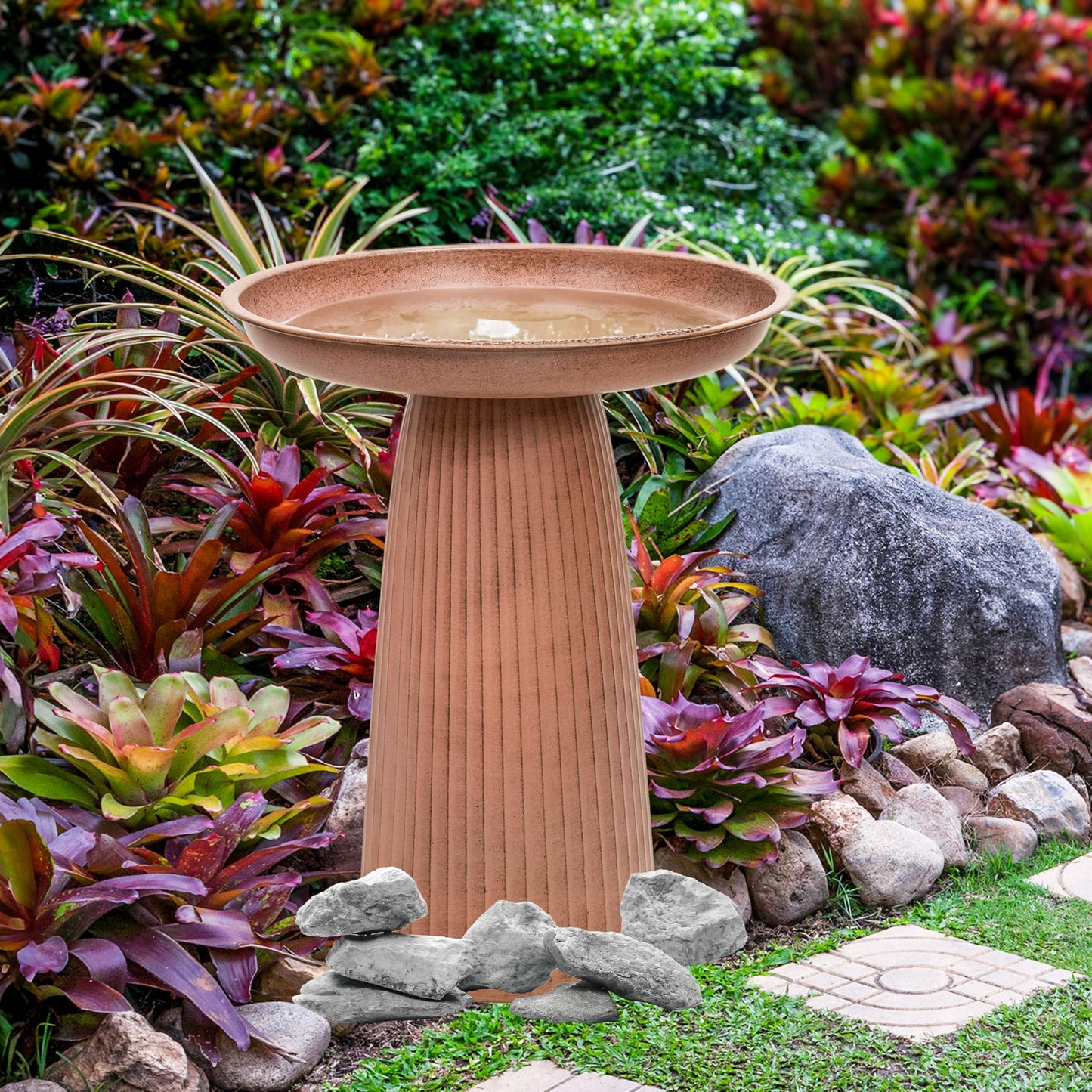 Sunnydaze Gleeful Garden 23" Iron Pedestal Bird Bath for Outside - Modern Shallow Basin Birdbath for Outdoors with UV-Protected Rust-Resistant Finish for Patio, Garden, Yard Decor - Matte Canyon Clay