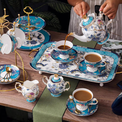 Floral Bone China Tea Set, Exquisite Porcelain Tea Cup and Saucer Set with Teapot, Creamer, Sugar Bowl for 6, Luxury Gold-Accented Afternoon Tea Sets for Adults
