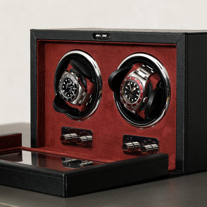 Gift Set 12 Slot Leather Watch Box with Valet Drawer & Matching Double Watch Winder - Luxury Case Display Organizer, Locking Mens Jewelry Watches Holder, Men's Storage Boxes Glass Top Black/Red