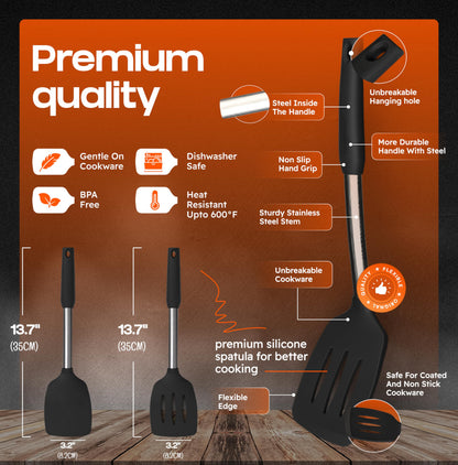 BakeRoyal Silicone Spatula Set - Turner Spatulas Silicone Heat Resistant 600°F - Slotted & Solid Spatula for Cooking Fish, Eggs, Pancakes Flipper – Spatulas for kitchen use – Black