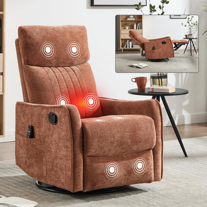 KEIKI 4-in-1 Manual Swivel Rocker Recliner Chair for Living Room, Chenille Nursery Glider Rocking Chairs with Back Massager & Heat, Built for Mobile Home Relaxation on Long Road Trips Journey, Orange