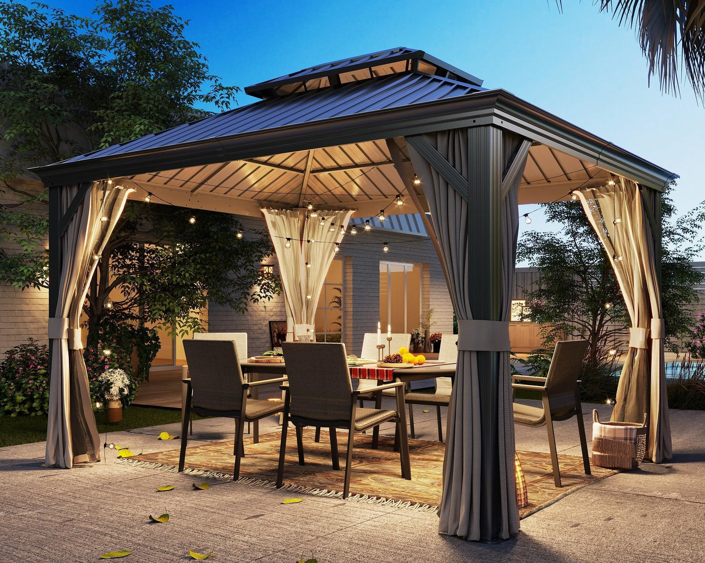 LAUSAINT HOME 10'x12' Hardtop Gazebo, Outdoor Aluminum Frame Permanent Metal Pavilion with Double Roof, Privacy Curtains & Mosquito Nettings for Patio, Lawn & Garden, Brown