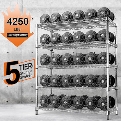 IZEUK 4250 LBS Garage Shelving Wide Storage Shelves 5 Tier Metal Shelves Heavy Duty Adjustable Utility Shelf Rack Chrome 17.7" D x 47.2" W x 70.4" H