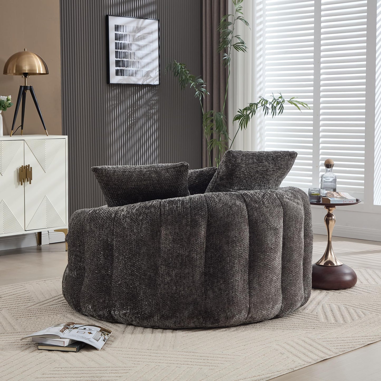 LITVZ Oversized Round Chaise Lounge Indoor, Comfy Round Boneless Sofa Chair with Extra Deep Seat, Cozy Memory Foam Cuddle Circle Couch and 5 Pillows for Reading Living Room