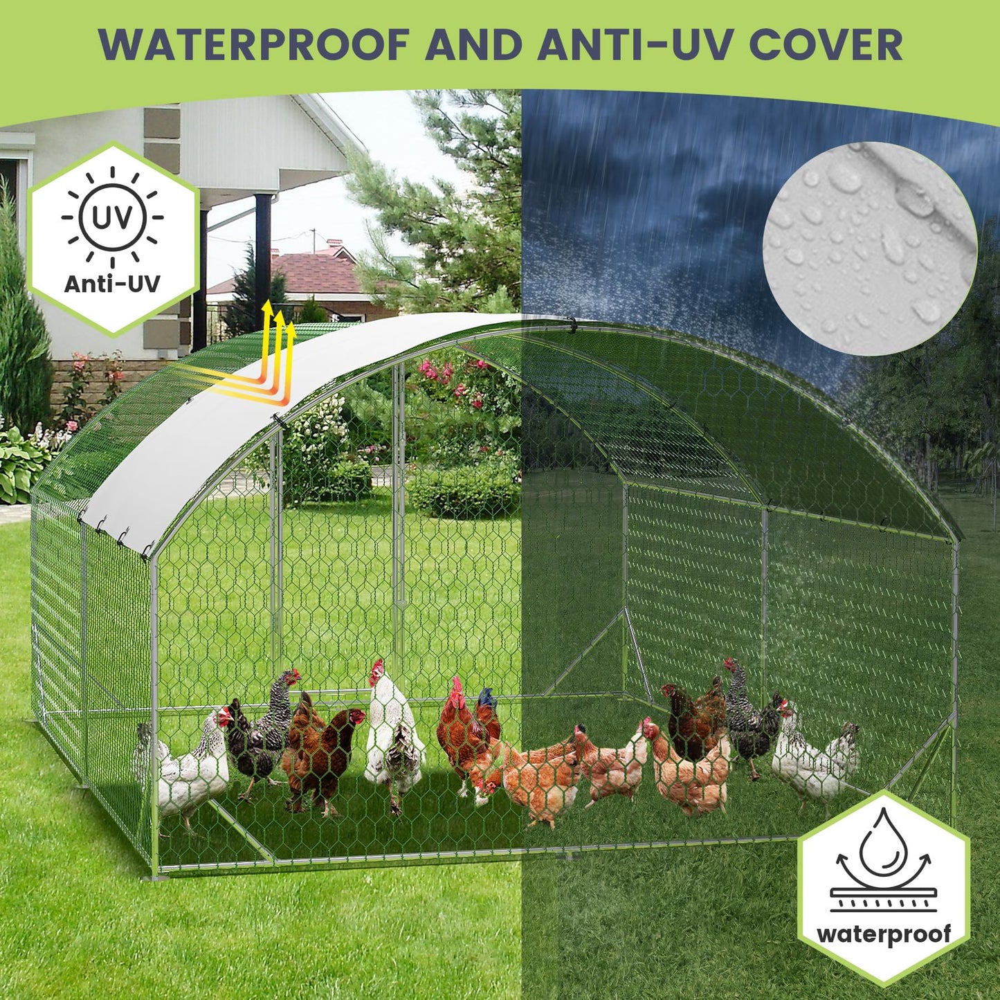 Large Metal Chicken Coop, Doom Roof Chicken Run for Yard, Walk-in Poultry Cage with Waterproof and Anti-UV Cover for Outdoor Backyard Farm (9.8x13.1x6.5FT)
