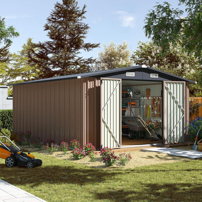 Aoxun 10 x 12FT Outdoor Storage Shed with Double Hinged Large Door Metal Sheds Outdoor Storage for Garden Utility Garden Shed with Lockable Door & Sloped Roof, Backyard, Patio and Backyard, Brown