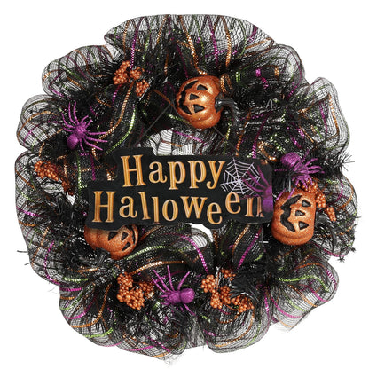 Huadanbor 24 inch Wreath, Halloween Wreath for Front Door, Halloween Spider Decor Pumpkin Skull Wreaths, Wall, Window, Garden and Offices Decor. (Black)