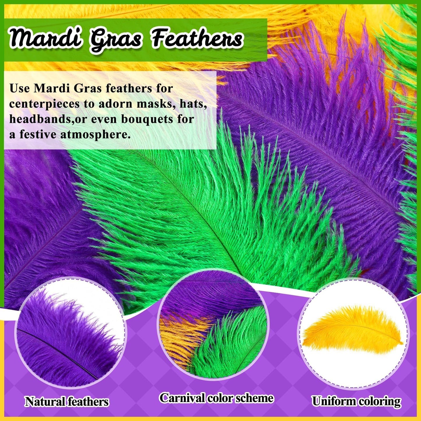 MARFOREVER 24 Pcs Mardi Gras Feathers for Crafts 10-12 Inches Natural Green Gold Purple Feathers for DIY Craft Dream Catcher Carnival Costume Mardi Gras Party Decorations Supplies