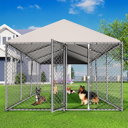 Lyromix 10 x 15FT Large Outdoor Dog Kennel with Roof, Dog Kennel Outside with Waterproof Cover, Galvanized Heavy Duty Chain Link Dog Runs Cage Playpen for Outside with Secure Lock