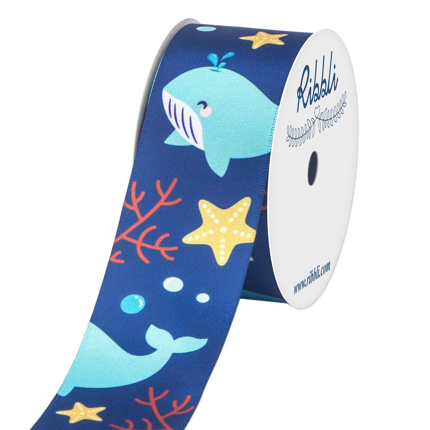 Ribbli Satin Whale & Starfish Craft Ribbon,1-1/2 Inch x 10 Yard,Navy/Blue/Yellow/Red,Use for Hair Bows,Wreath,Birthday,Baby Shower,Diaper Cake,Gift Wrapping,Party Decoration,All Crafting and Sewing