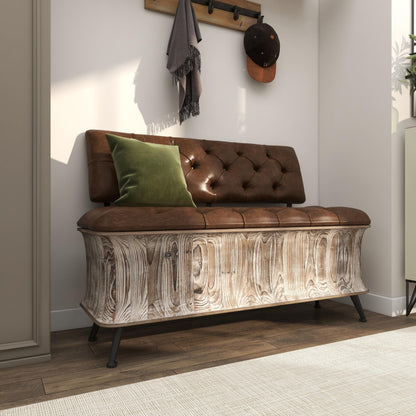 Deco 79 Wood Room Storage Bench Entryway Bench with Tufted Faux Leather Seat and Back, Bench 47" x 20" x 32", Brown