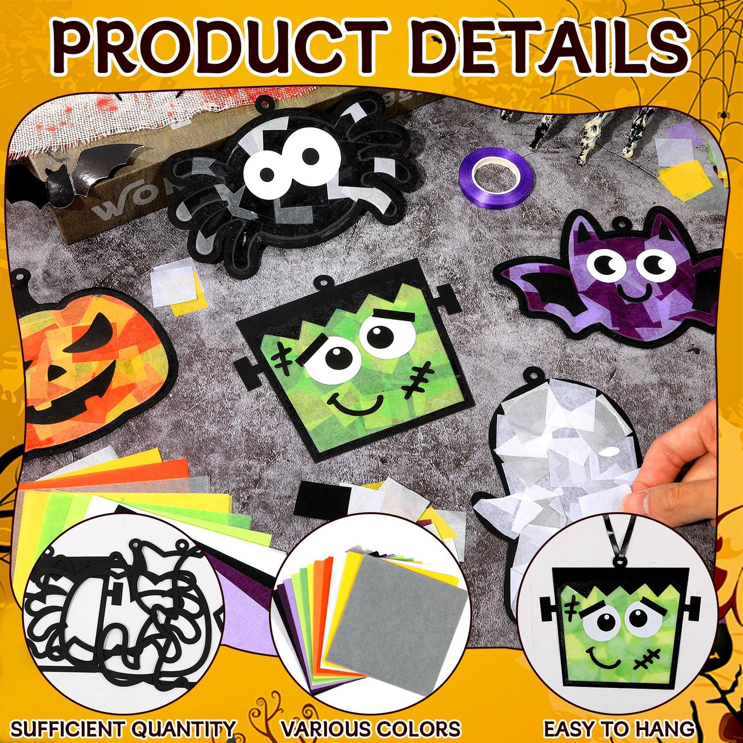 Lonfliness 36 Set Halloween Suncatchers Craft for DIY Pumpkin Ghost Cat Spider Window Tissue Paper Craft Kit Hanging Decor for Home Activity Art Project Birthday Party Favor Gift