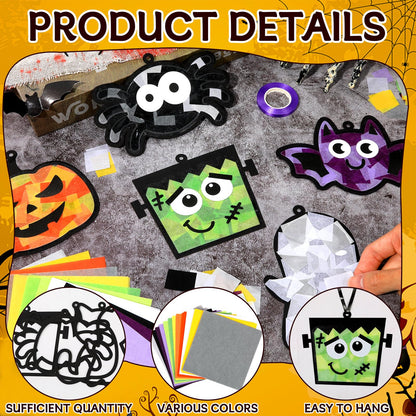 Lonfliness 36 Set Halloween Suncatchers Craft for DIY Pumpkin Ghost Cat Spider Window Tissue Paper Craft Kit Hanging Decor for Home Activity Art Project Birthday Party Favor Gift
