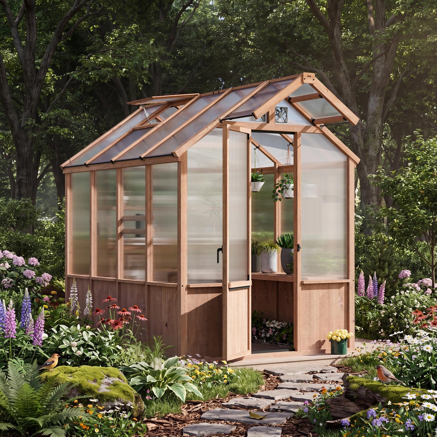 Modern Shade EverBloom 6.5'x8' Wooden Greenhouse, 8' Extra-Tall Cedar Wood Greenhouse with Built-in Outdoor Faucet Kit, Heavy Duty Greenhouse with Built-in Shelving, Power Strip & Ventilation System