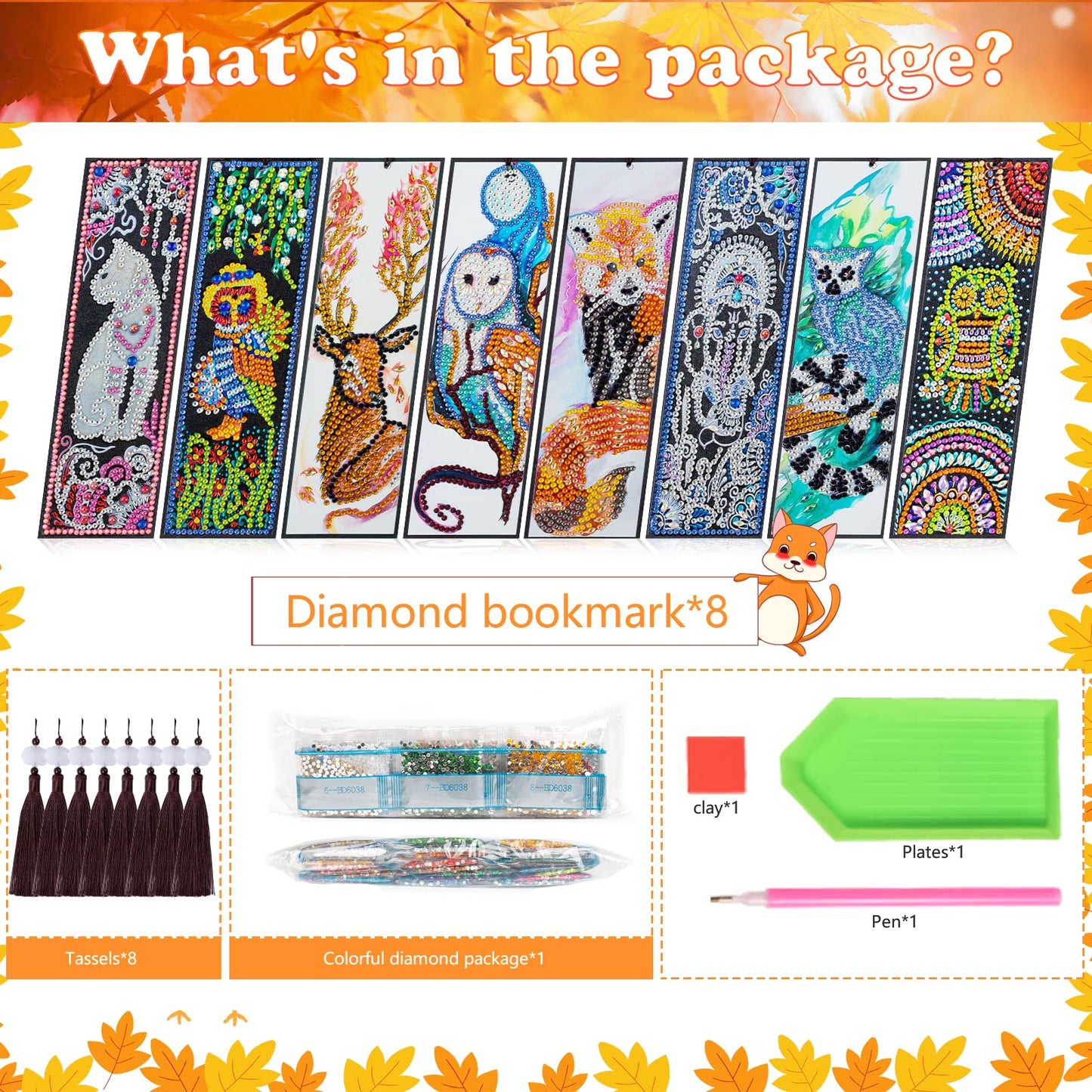 8 Pack Animal Diamond Art Bookmarks Kit, 5D DIY Diamond Painting Bookmarks with Tassels, Animal Crystal Diamond Art Leather Bookmark Set for Adults, Craft Gift Collection