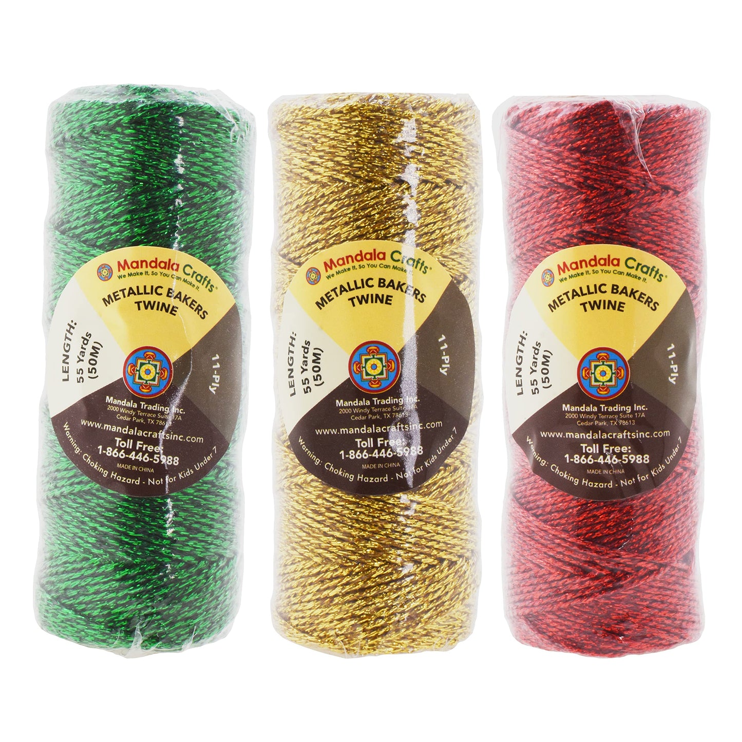Mandala Crafts Red Green Gold String for Gift Wrapping – 55 X 3 Yards 1mm Thin Metallic Bakers Twine for Crafts, Packaging, Party Favors, and DIY Decorations