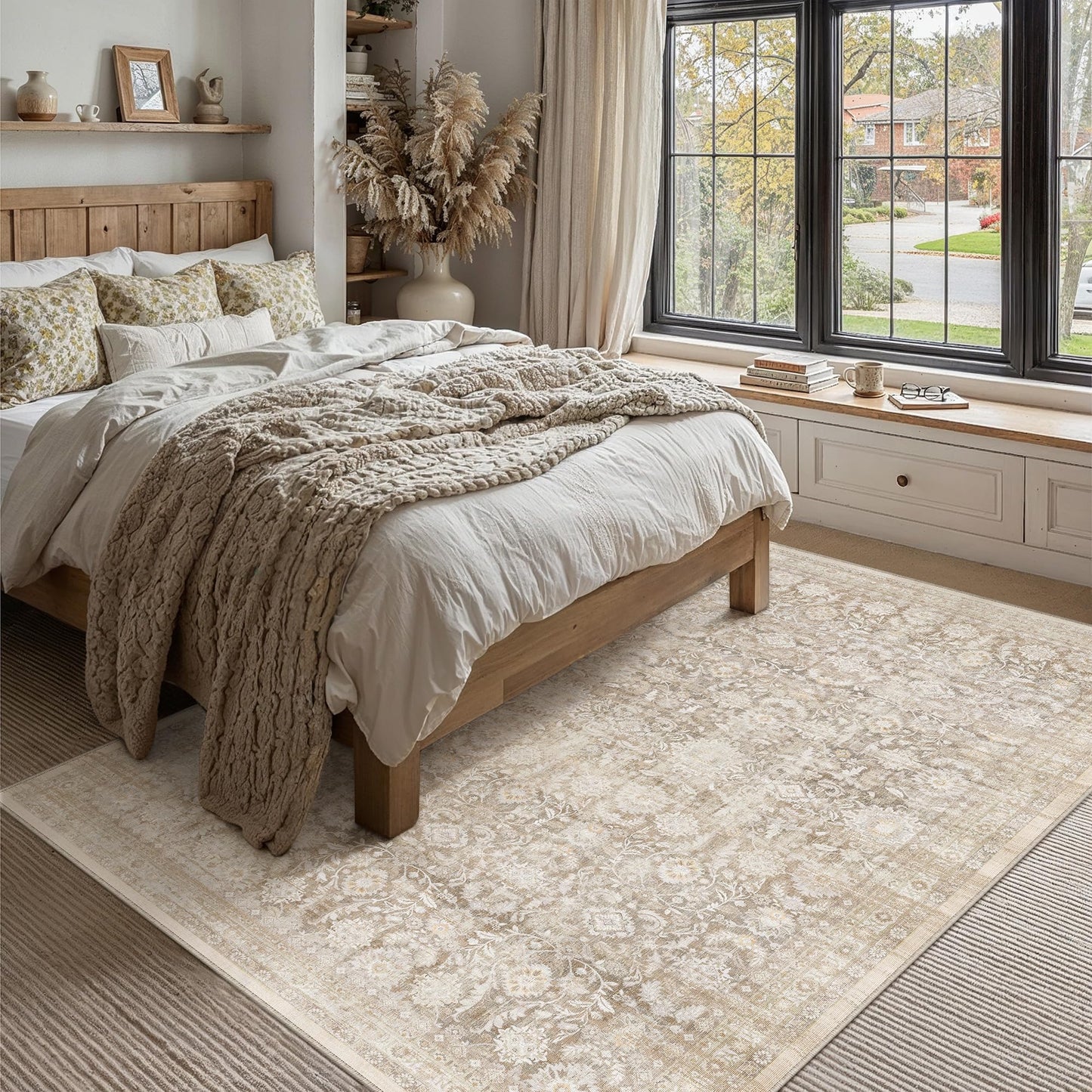 WondRg 9x12 Beige Washable Modern Area Rug Living Room Non Slip Low Pile Floral Extra Large Rug Vintage Traditional Stain Resistant Carpet Bedroom Office Indoor Playroom