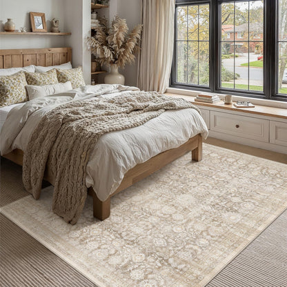 WondRg 9x12 Beige Washable Modern Area Rug Living Room Non Slip Low Pile Floral Extra Large Rug Vintage Traditional Stain Resistant Carpet Bedroom Office Indoor Playroom