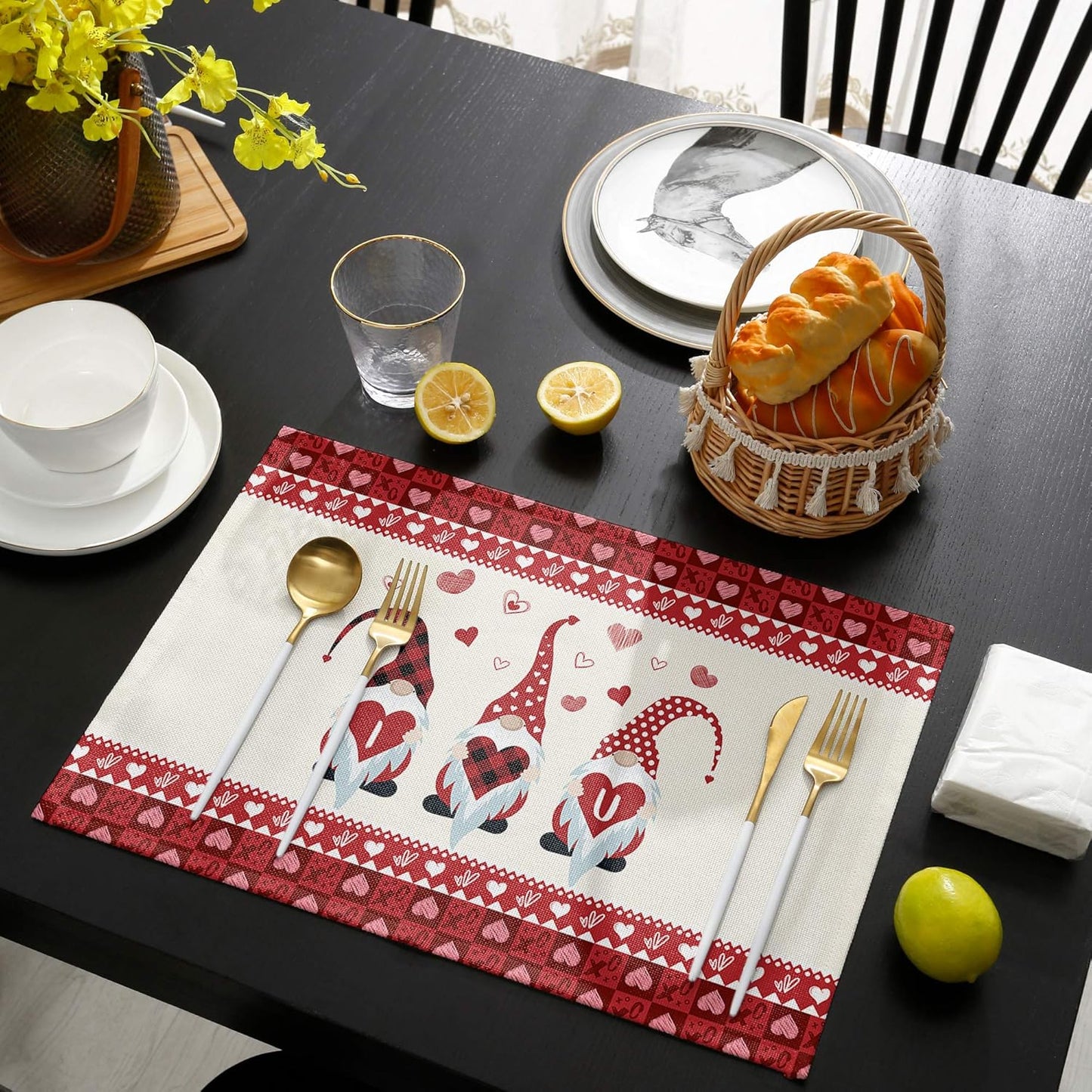Stylish Placemats for Dining Table Decor, Cute Gnome I Love U Valentine's Day Non-Slip Table Mat, Set of 4