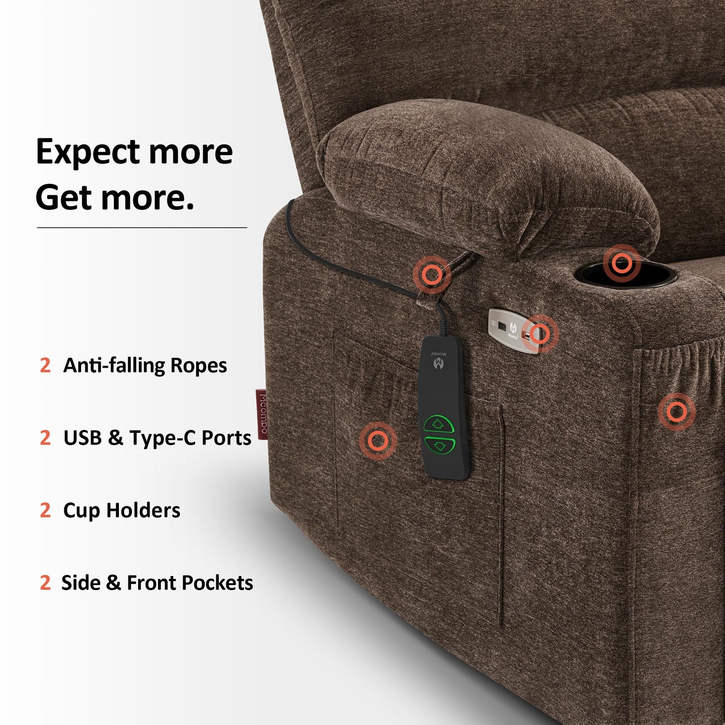 MCombo Power Lift Recliner Chair for Elderly, Lift Chair with Heat and Massage, USB &Type C Ports, Cup Holders, Fabric 7095 (Medium, Mocha)
