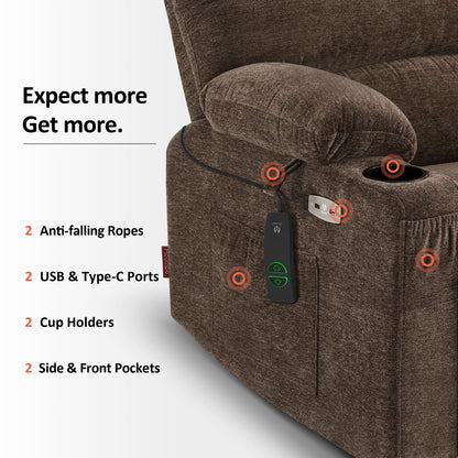 MCombo Power Lift Recliner Chair for Elderly, Lift Chair with Heat and Massage, USB &Type C Ports, Cup Holders, Fabric 7095 (Medium, Mocha)