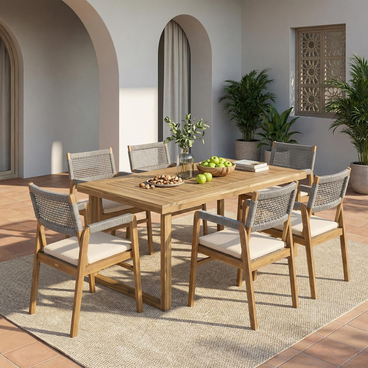 Christopher Knight Home Terry Acacia Wood Patio Dining Set for 6, Solid Wood Outdoor Dining Table Set for 6, 7 Piece Outdoor Dining Set with Rectangular Table and Woven Rope Accents, Teak+Beige+Grey