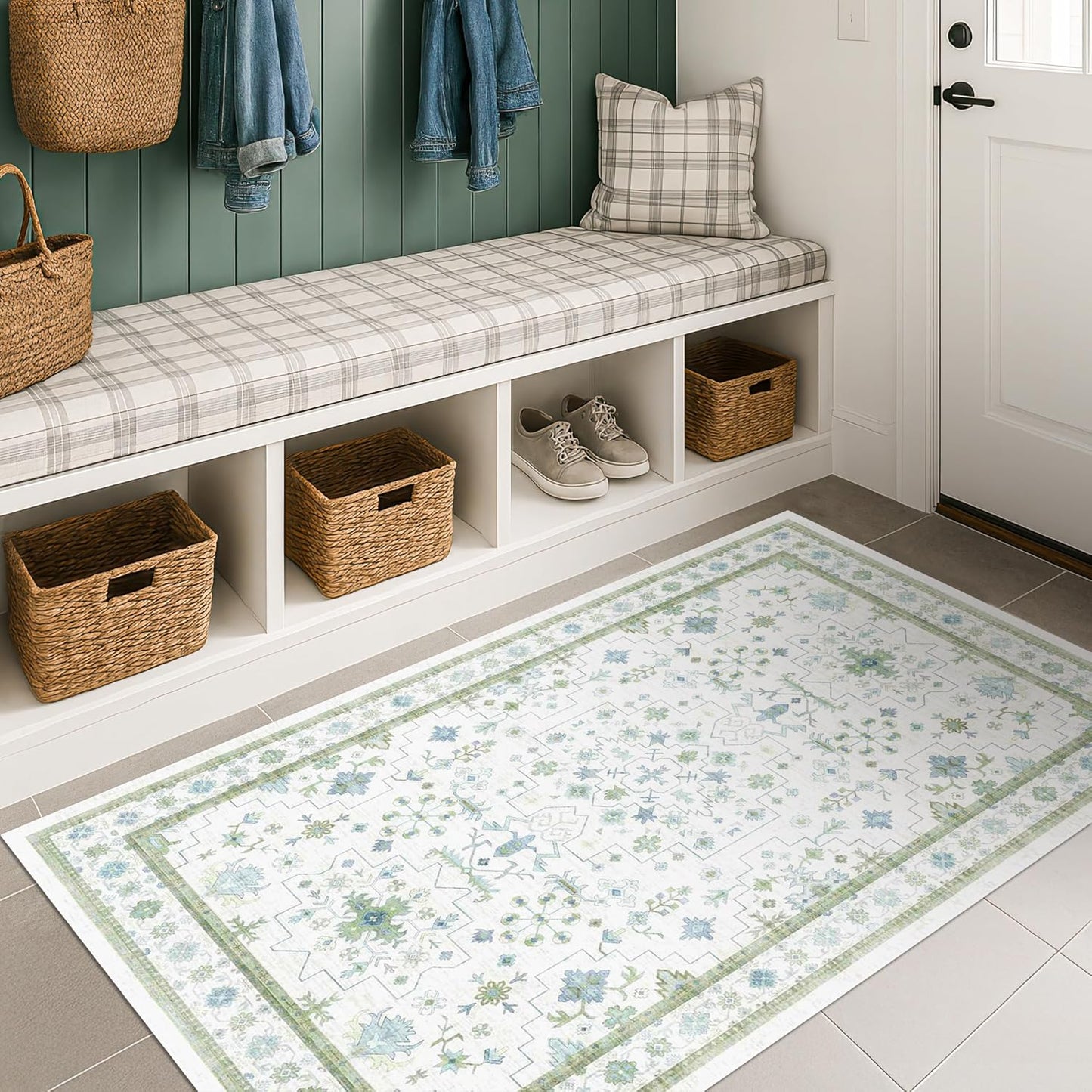 Oushak Boho Bathroom Rug - Cream Green & Blue Floral Design, Washable Non-Slip Low Pile, 2x4 ft
