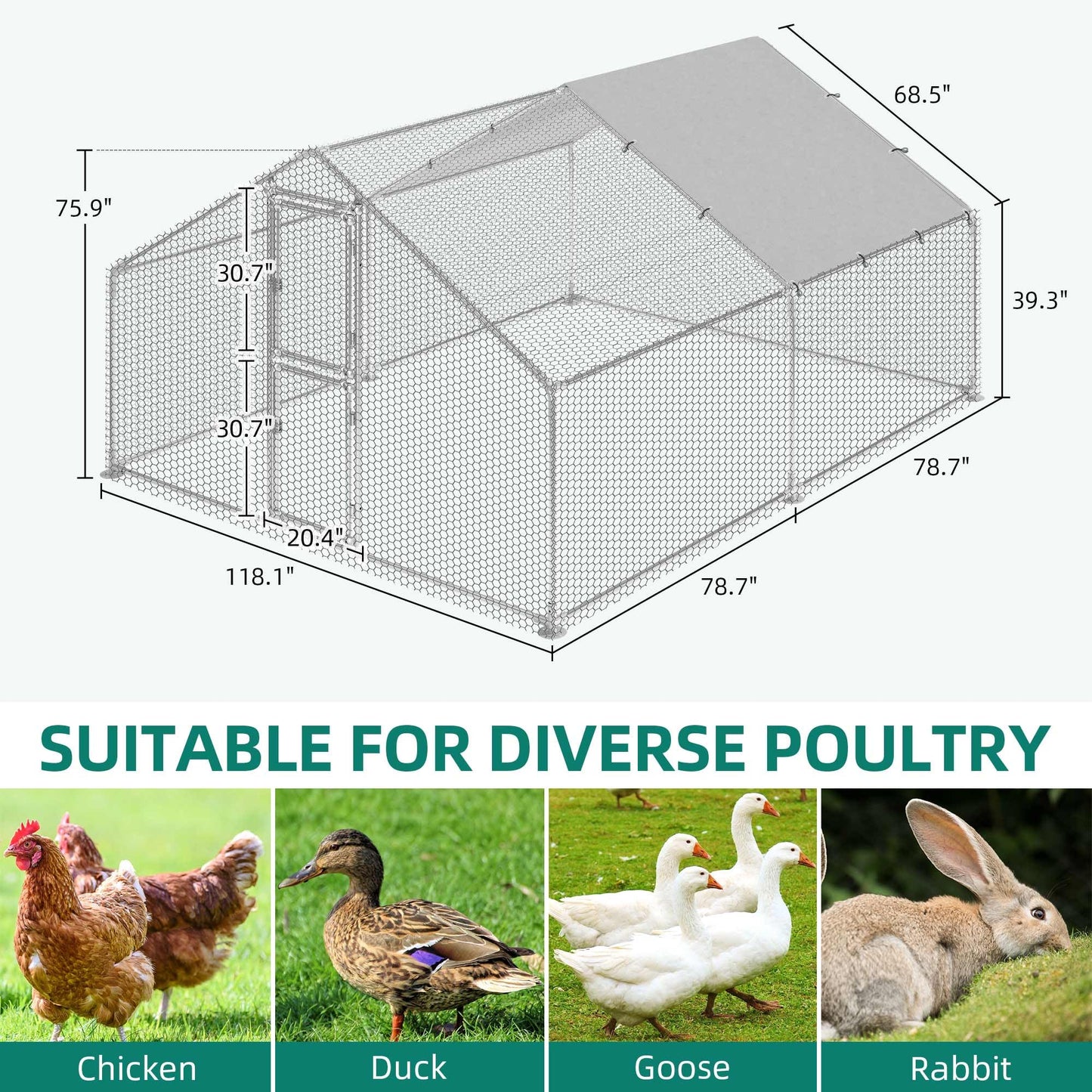 YITAHOME Large Metal Chicken Coop Run Pen for 10-20 Chickens, Walk-in Poultry Cage Hen Run House w Waterproof & Anti-UV Cover, Outdoor Chicken Cage for Outside, Backyard, Farm (13.1 x 9.8 x 6.4 ft)