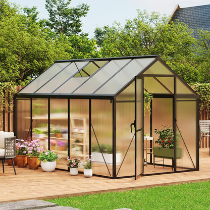 6X10 FT Greenhouse for Outdoors, Polycarbonate Flower Greenhouse with Roof Vent, Push-Pull Lockable Door, Aluminum Walk-in Greenhouses for Outside Garden Backyard, Patio, Lawn, Black