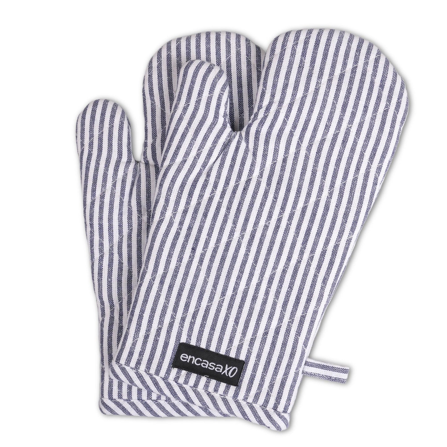 Encasa XO Long 12"x7" Oven Microwave Hand Gloves Mitts (2 pc Set) for Kitchen Cooking & Baking - Heat Resistant, Thick & Safe, Protection of Hands from Hot Utensils - Ticking Navy Blue