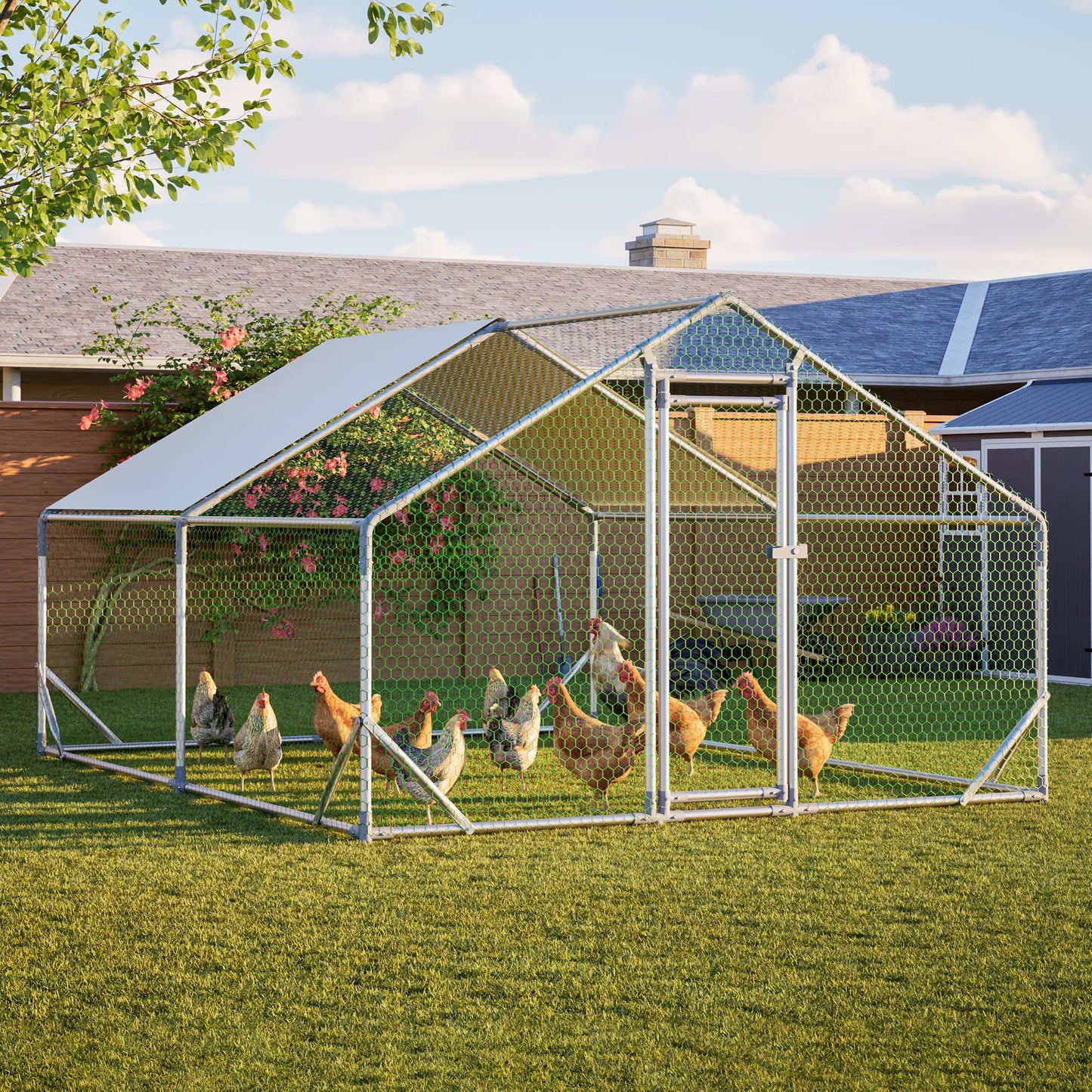 YOPTO Metal Chicken Coop,10x13x6.56ft Large Walk-in Chicken Runs W/Waterproof & Anti-Ultraviolet Cover,Spire Roof Hen House Enclosure W/Security Lock,Outdoor Poultry Pen for Backyard,Farm,Yard