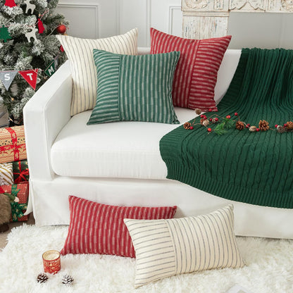 18x18, Set 2, Kevin Textile Dark Green and Beige Farmhouse Striped Patchwork Linen Decorative Throw Pillows Covers