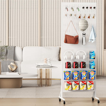 Folews Metal Peg Board Display Stand 24″ x 70″, Freestanding Pegboard Organizer with Wheels & 30 Hooks, Portable Rolling Pegboard Display Rack for DIY Retail Craft Fair Garage Display & Storage, White