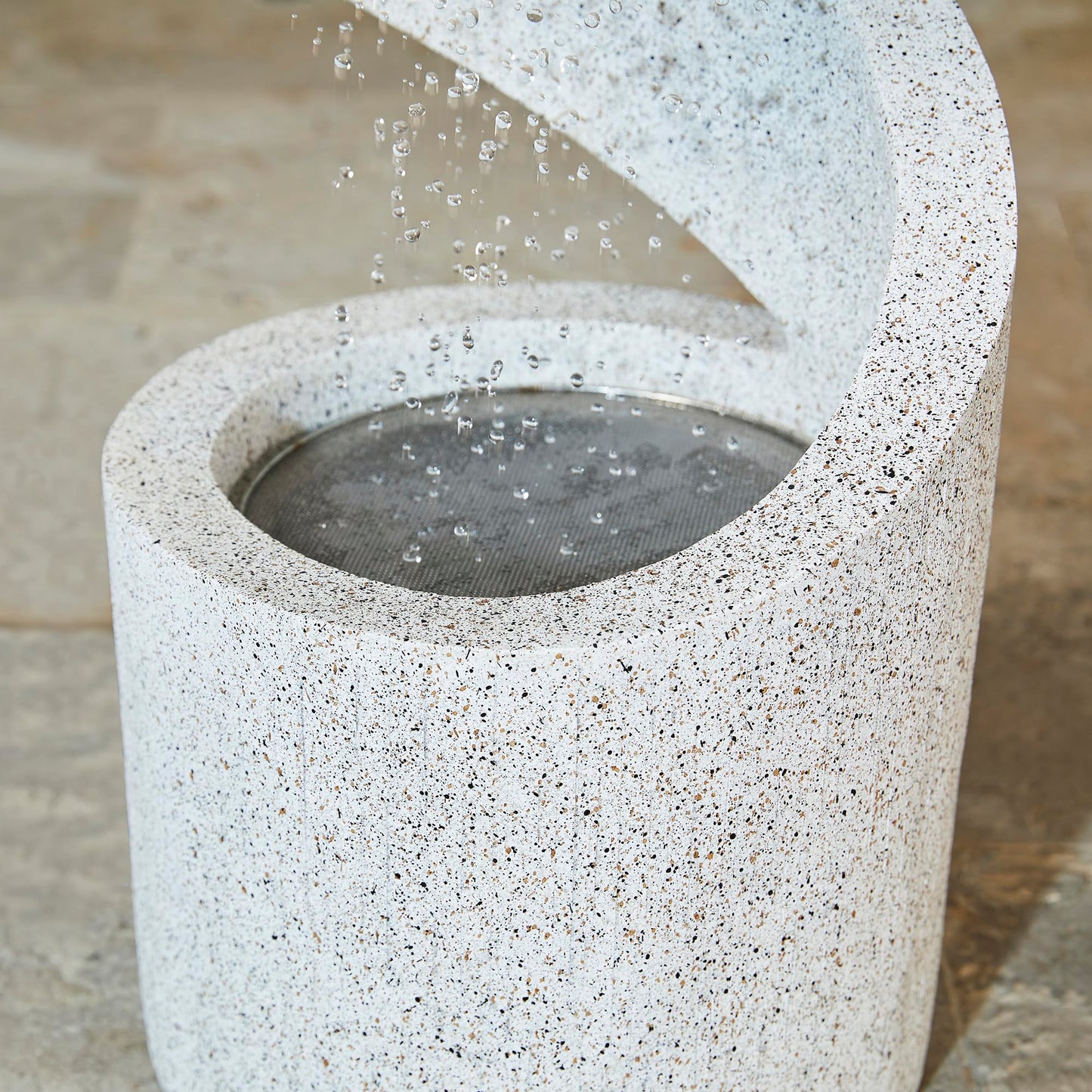 Glitzhome Outdoor Water Fountain with LED Light, Decorative Tiered Curved Waterfall Fountain with Stone Planter, Faux Terrazzo Spiral Shaped Outdoor Fountains for Garden Deck Patio Porch, 31.25”H