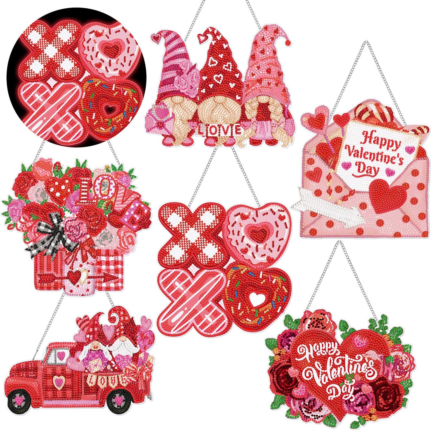 Chiisong 6 Pcs Valentine's Day Diamond Art Painting Kits Glow in The Dark Diamond Hanging Sign Flower Truck Wreath Love Gnome Hanging Ornaments for DIY Adult Beginner Holiday Door Wall Decoration Gift