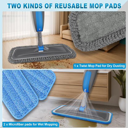 BPAWA Spray Mops for Floor Cleaning - Microfiber Wet Dry Dust Mop for Hardwood Laminate Wood Tile Vinyl Floors with 3 Washable Pads fit for Swiffer PowerMop