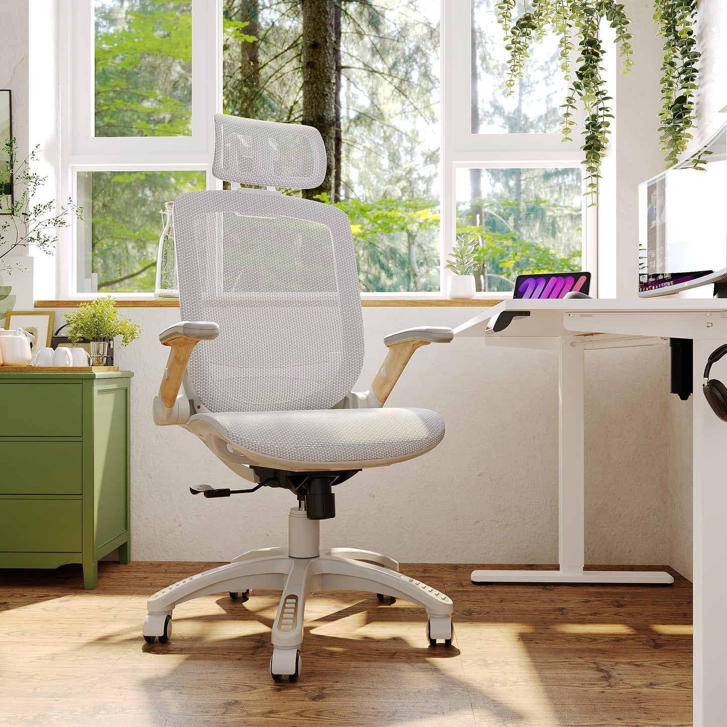 GABRYLLY Ergonomic Office Chair, High Back Home Desk Chair with Flip-Up Arms, Headrest, 90-120° Tilt and Wide Cushion, 300LBS White Mesh Chair for Work Gaming Study (GY01-NT, Woodgrain Pattern)