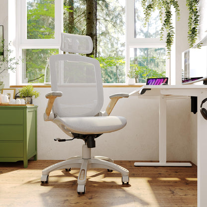 GABRYLLY Ergonomic Office Chair, High Back Home Desk Chair with Flip-Up Arms, Headrest, 90-120° Tilt and Wide Cushion, 300LBS White Mesh Chair for Work Gaming Study (GY01-NT, Woodgrain Pattern)