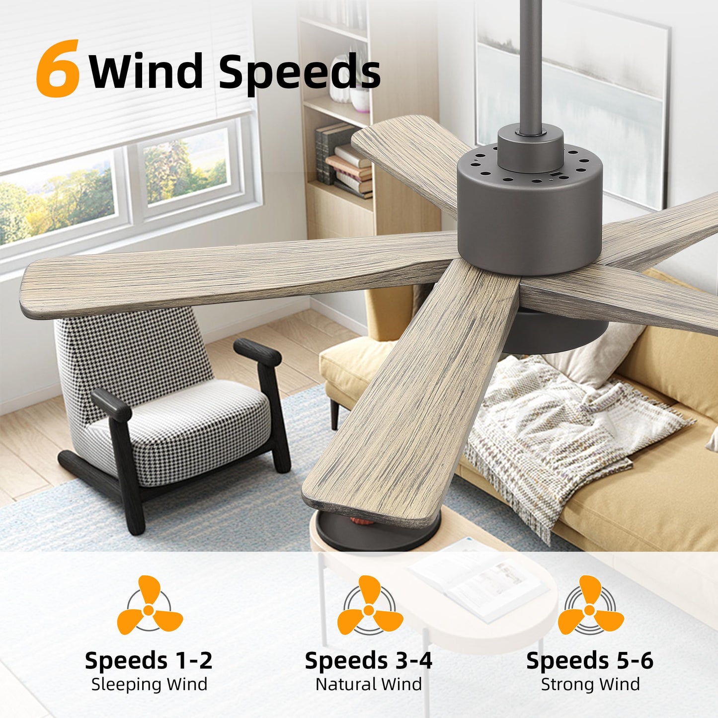 WINGBO 48 Inch DC Ceiling Fan with Lights and Remote Control, 5 Carved Solid Wood Blades, 6-Speed Noiseless Reversible DC Motor, Indoor Ceiling Fan in Graphite Finish with Gray Blades
