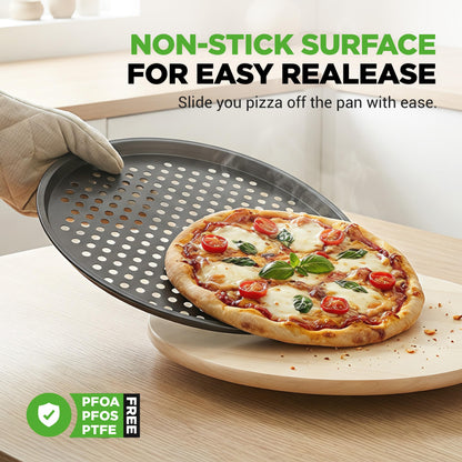 NutriChef 12.8 Inch Nonstick Pizza Pan for Oven - Carbon Steel Pizza Baking Tray with Airflow Holes - Premium Bakeware for Fresh & Frozen Pizza, Dishwasher Safe - Gray