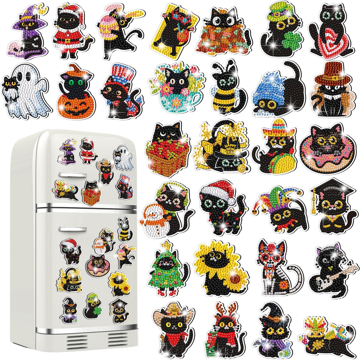 Liliaafar 30 Pcs Diamond Painting Magnets Set Diamond Art Magnets for Fridge Refrigerator Magnetic Stickers for DIY Crafts 5d Rhinestones Gem Art Painting Kits for Adults Beginners(Black Cat)