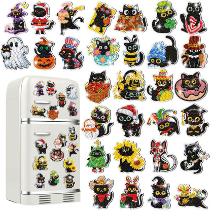 Liliaafar 30 Pcs Diamond Painting Magnets Set Diamond Art Magnets for Fridge Refrigerator Magnetic Stickers for DIY Crafts 5d Rhinestones Gem Art Painting Kits for Adults Beginners(Black Cat)