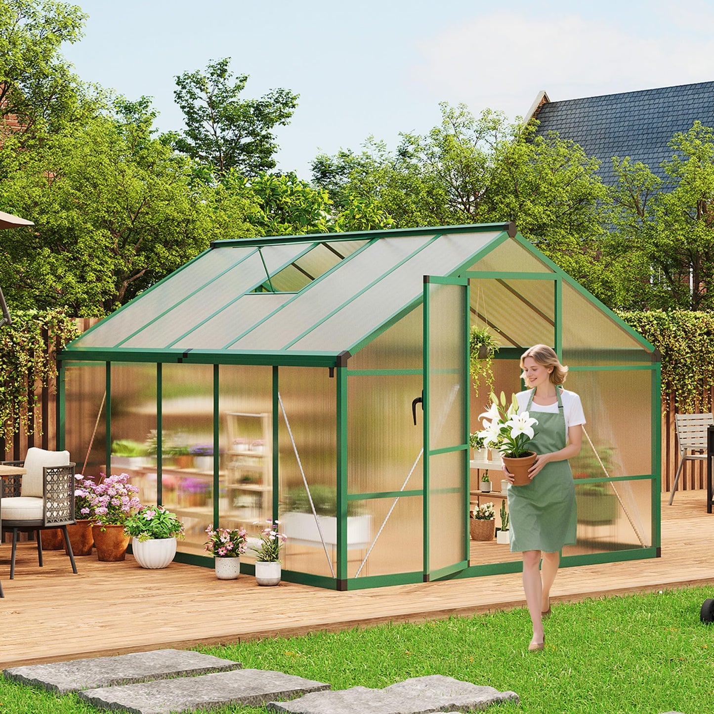 8X10 FT Greenhouse for Outdoors, Polycarbonate Flower Greenhouse with Roof Vent, Push-Pull Lockable Door, Aluminum Walk-in Greenhouses for Outside Garden Backyard, Patio, Lawn, Green