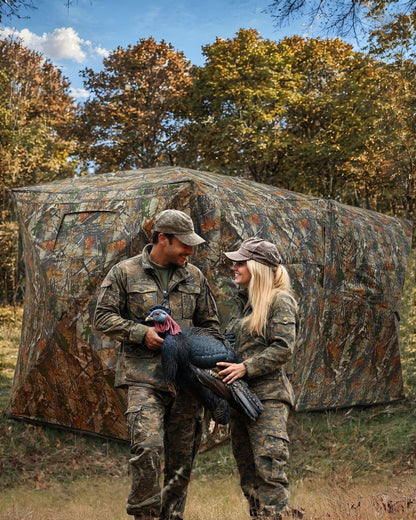 Hunting Blind 270 Degree See Through Ground Blind for Turkey Deer Hunting, 4-6 Person Camouflage Pop Up Hunting Blinds Ground Waterproof Portable Concealed Shelter with Silent Door and Carrying Bag