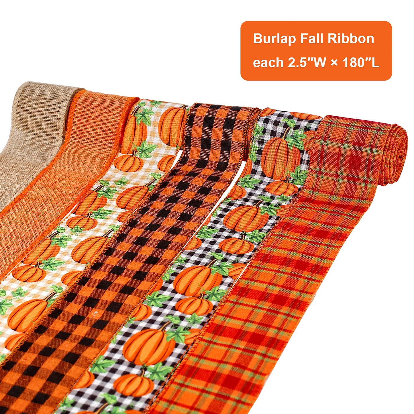 6 Rolls 30 Yards Fall Burlap Ribbon, 2.5 Inch Wired Edge Ribbon with Buffalo Plaid and Pumpkin Pattern for Thanksgiving Crafts, Wreaths, Bows and Gift Wrapping