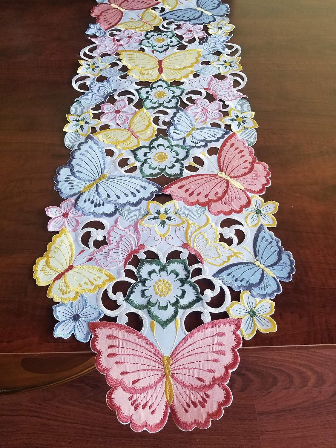 Easter Table Runner, Spring Embroidered Butterfly Applique Floral Cutwork, 13"×68"