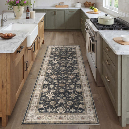 HUGEAR 2x6 Runner Rug Hallway Vintage Black Machine Washable Retro Floral Low Pile Carpet Vacuumable Distressed Long Throw Rug Bedroom Office Bathroom Kitchen Farmhouse Playroom Non Slip